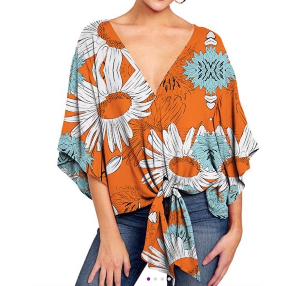 Orange Blue White Black Casual Floral Loose Fit Hem V-Neck Boho Knot Tie Up Top